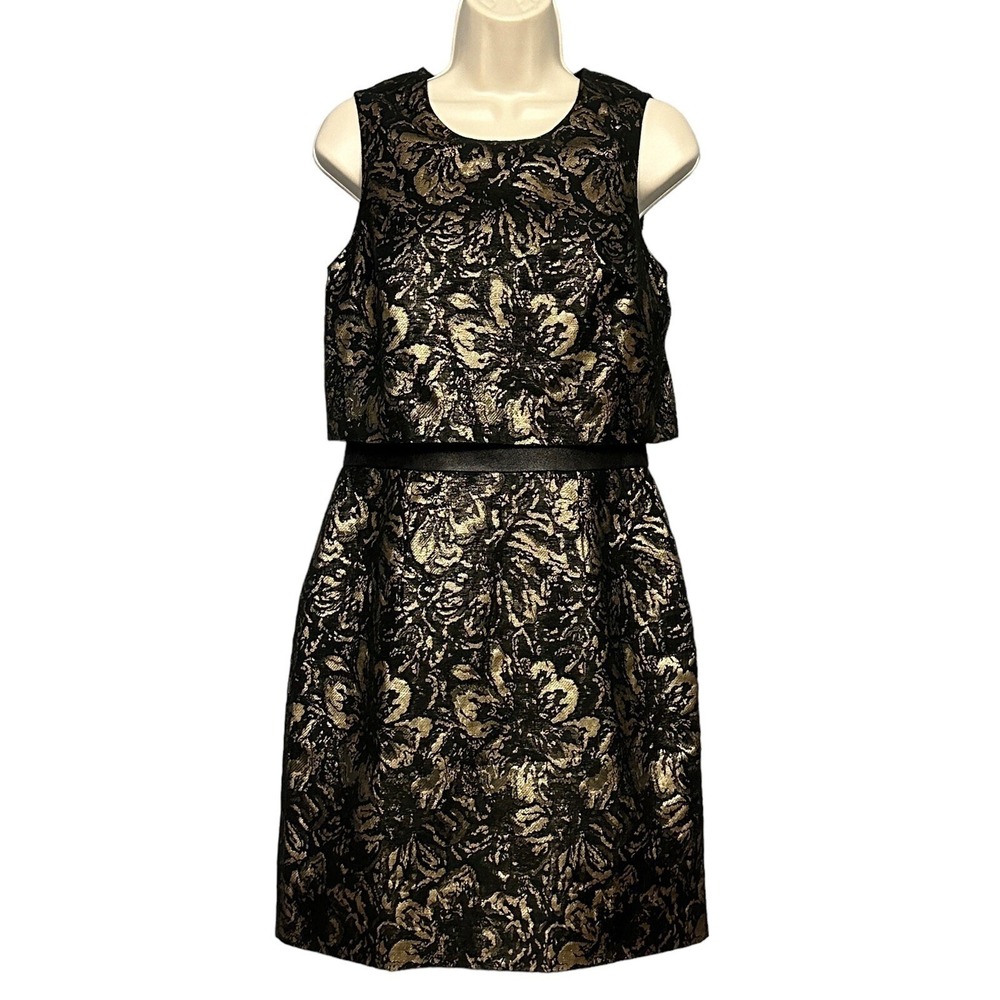 Festive Regency Baroque Women Dress 4 Black Gold Leaf Floral Evening Occasion